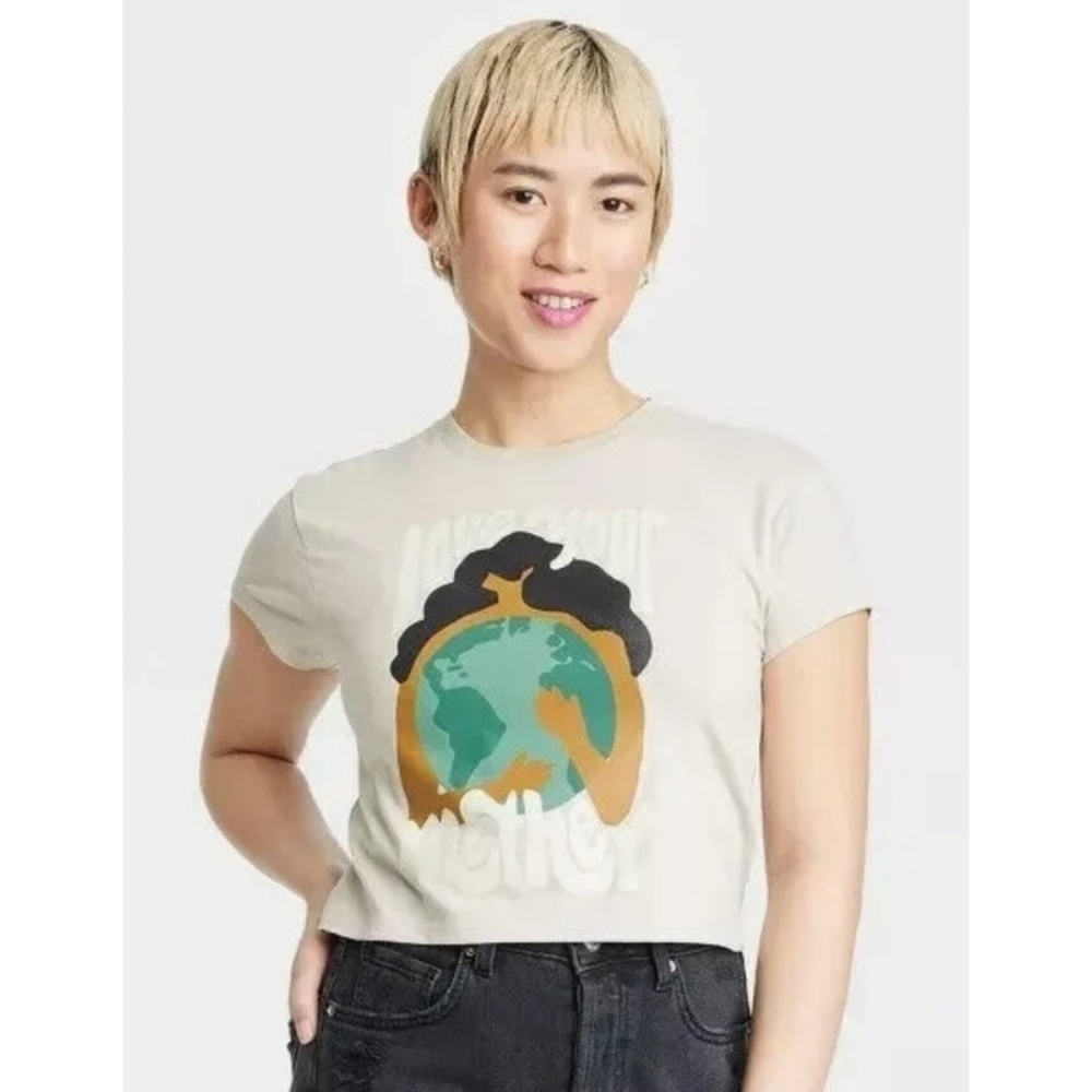 Happy Earth Cropped Graphic Tee Gray Size XS